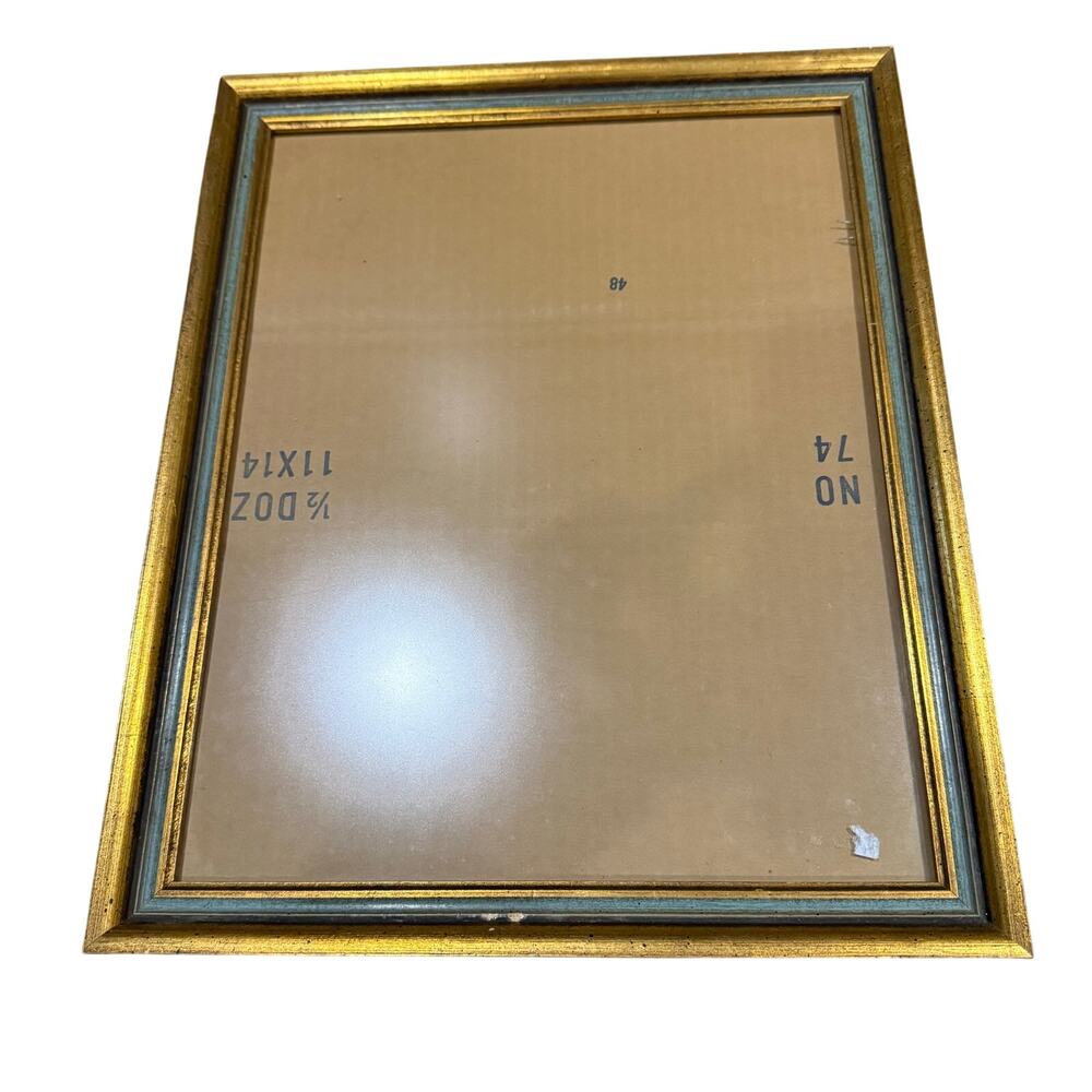 Vintage Ornate Solid Wood Picture Frame Gold Blue Painted 11x14 Wall Hanging